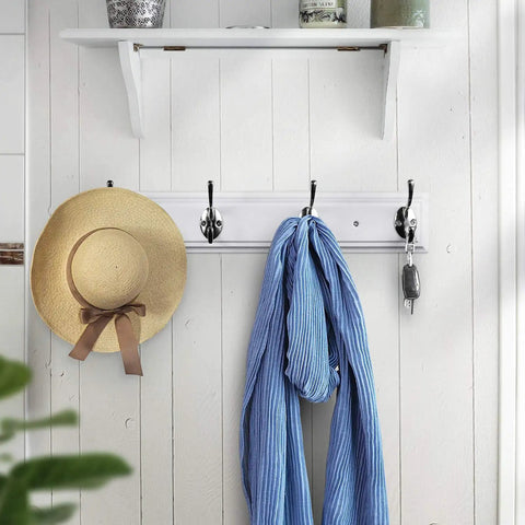 White Wall Mounted Coat Rack With Four Heavy Duty Hooks 17 Inch Wooden Modern Hanger For Coats Keys Bags And More Zinc Alloy Construction