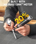 Cordless Rotary Tool Kit With 25000 RPM Motor 5 Speed Settings 44 Accessories hands using on metal spoon