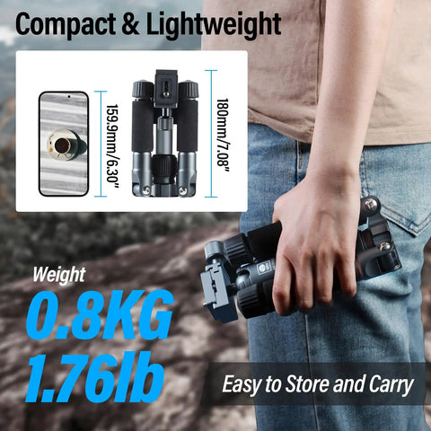 Person holding Compact Mini Desktop Tripod For DSLR, Mirrorless Camera, Phone And Action Cam With 360 Degree Ball Head.