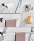 Slick Matte Black 5 Piece Bathroom Hardware Set Stainless Steel Wall Mounted Kit Includes 23.6 Inch Towel Bar 9 Inch Towel Bar Toilet Paper Holder And Two Robe Hooks Rustproof SUS304 Bath Accessories For Modern Homes shown in use