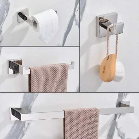 Slick Matte Black 5 Piece Bathroom Hardware Set Stainless Steel Wall Mounted Kit Includes 23.6 Inch Towel Bar 9 Inch Towel Bar Toilet Paper Holder And Two Robe Hooks Rustproof SUS304 Bath Accessories For Modern Homes shown in use