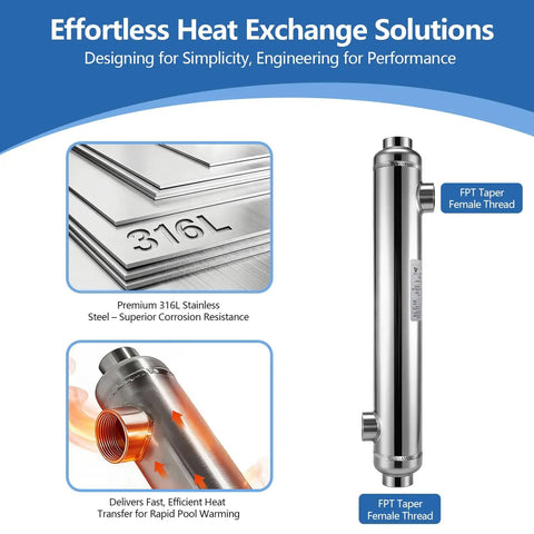 Built Like A Tank Shell And Tube Heat Exchanger 3600 KBtu Rock Solid Stainless Steel 316L with FPT ports for efficient heating.