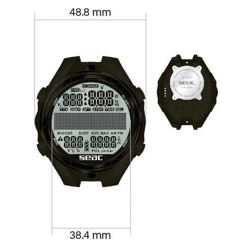 Get Your Hands On This Awesome Scuba And Freediving Dive Computer with digital display and logo, dimensions 48.8mm by 38.4mm
