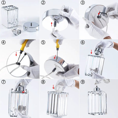 Crystal Cuboid Pendant Lights Set Of 3 In Polished Chrome Dimmable Mini Pendant Fixtures assembly instructions shown in nine steps.