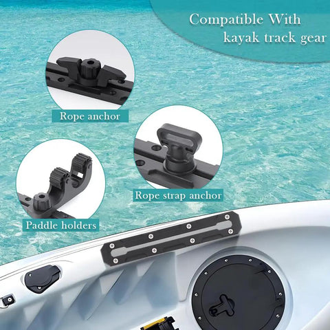 Low Profile Kayak Gear Track Set 10.4 Inch With Reinforced Marine Nylon And Free Screws For Simple Rod Holder Mounts, Durable T Track Rails For Fishing Gear And Accessories For All Kayak Setups on kayak with rope anchor and paddle holders