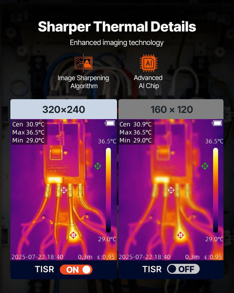 Beast Mode Thermal Imaging Camera With 320x240 TISR Super Resolution And 2MP Visual Camera, 25Hz Refresh Rate, side-by-side resolution comparison.