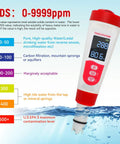 4 In 1 Pool Water Tester With PH EC TDS And Temperature LCD Display showing TDS levels with color-coded guide