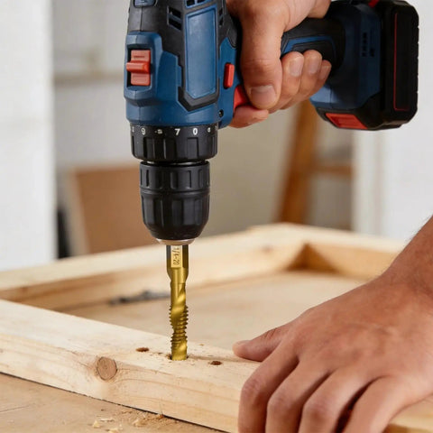Six Piece Drill Tap Set Three In One Combo Hex Shank Bits HSS 4341 used on wood frame by hand