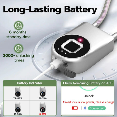 Tough As Nails Fingerprint Fridge Lock With Extra Long 15 Inch Cable showing battery indicator and charging port, close-up view.