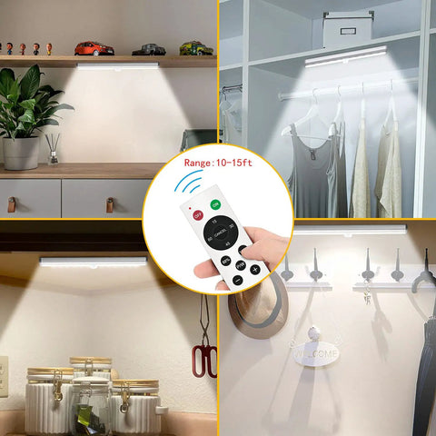 Go To Cordless Under Cabinet LED Lights With Remote Control Rechargeable 20 LED Dimmable Closet Light Stick On Anywhere For Kitchen And Wardrobe Easy Touch Night Light 4 Pack showing variety of usage in kitchen, wardrobe, and under shelves.