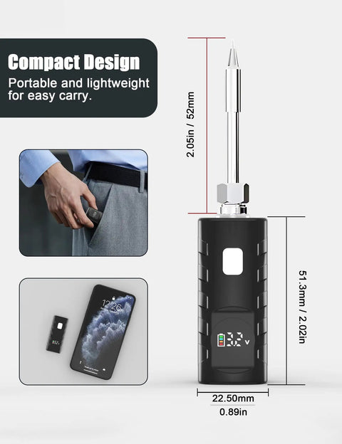 Dope Cordless Mini Solder Pen With Rechargeable Battery, USB C, dimensions, portable tool for DIY electronics and repairs.