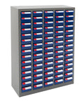 Heavy Duty Steel Parts Cabinet, 75 Drawer Bolt And Nut Sorter With Built In Dividers in grey and blue with multiple drawers.