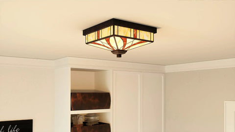 Finley Two Light Valiant Bronze Flush Mount with Multicolored Tiffany Glass Shade installed in a ceiling, showing its design.