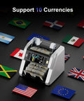 Mixed Denomination Money Counter With Supports 120 Currency Programs And Touch Screen, surrounded by international flags