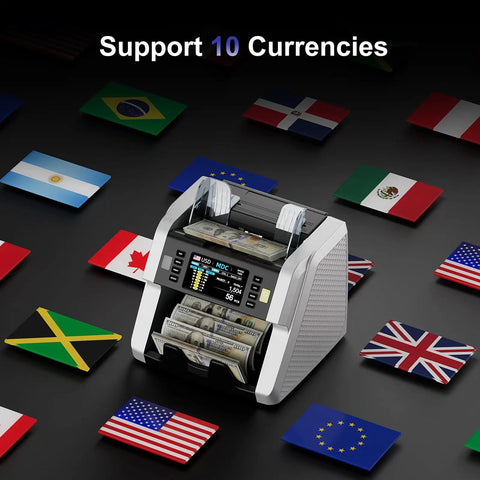 Mixed Denomination Money Counter With Supports 120 Currency Programs And Touch Screen, surrounded by international flags