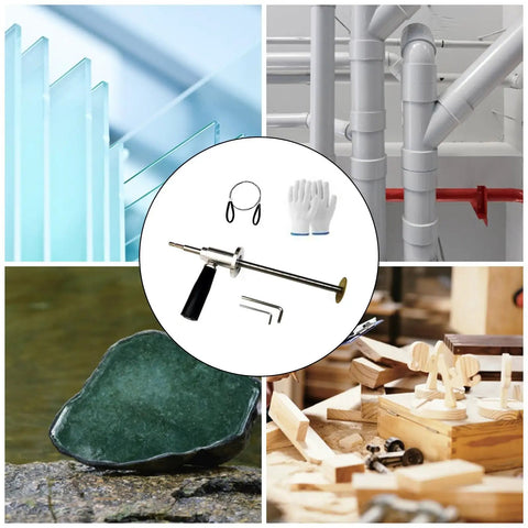 Heavy Duty Inside Pipe Cutter Kit For PVC Plumbing Easy Inside Cut Tool Set Pro Grade With Grinding Wheel For Polishing Glass Marble Stone Wood DIY Installation Made Simple Smooth Finish Every Time, depicting the tool set with accessories and various materials it polishes