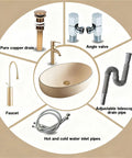 Retro Oval Ceramic Vessel Sink for Bathroom Vanity with faucet, drain, angle valve, and water inlet pipes in arrangement.