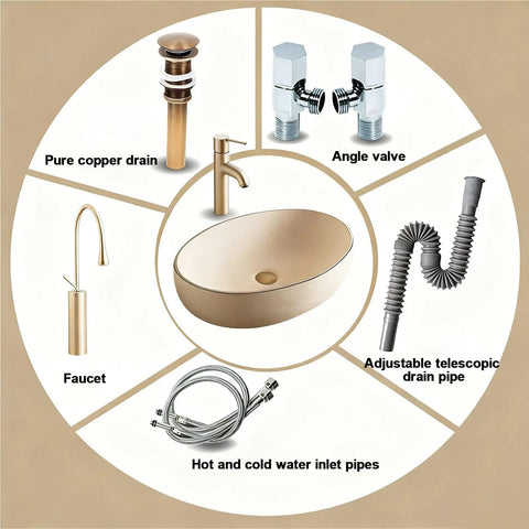 Retro Oval Ceramic Vessel Sink for Bathroom Vanity with faucet, drain, angle valve, and water inlet pipes in arrangement.