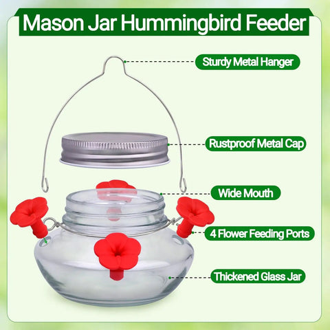 Hummingbird Feeder With Cute Mason Jar Design, Four Silicone Flower Ports, Top Fill, Leak-Proof, label details