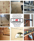 Heavy Duty Interlocking Black Plastic Shims One Thousand Unit Box For Builders And Renovators Aligning Door And Window Openings Without Sticky Tape Or Crazy Glue Using Patent Pending Collapsible Lock System shown in stacking positions and applications.