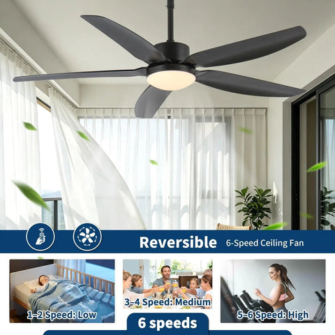 52 inch Outdoor Ceiling Fan with Light, IP65 Waterproof, 6 Speed Remote with black blades in bright room.
