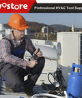 Wostore HVAC tool kit on rooftop; technician uses tube cutter and flaring tools, wearing orange hard hat beside an outdoor AC unit.
