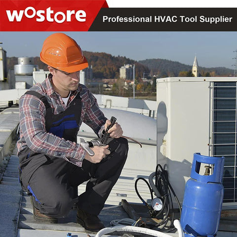 Wostore HVAC tool kit on rooftop; technician uses tube cutter and flaring tools, wearing orange hard hat beside an outdoor AC unit.