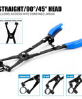 Three Piece Hose Clamp Pliers Set With Locking Assist Featuring 45 Degree 90 Degree And Straight Heads Rotatable Clamp Jaw Professional Hose Clamp Tool For 1.1 To 2.3 Inch Hose Clamps Designed For One Person Installation And Removal with blue handles.