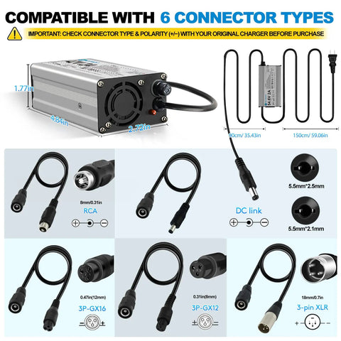 54.6V 2A Charger For 48V Lithium Ion Battery Ebike Electric Bike Electric Scooter Hoverboard Replacement With 6 Connectors, Safe Smart Charging, Aluminum Housing, Quiet Cooling Fan, High Quality Components