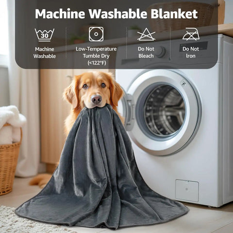 Waterproof Reversible Flannel Bed Blanket 60x80 Twin Size with dog near washing machine, easy to wash