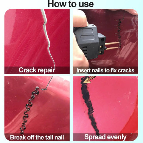 Plastic Welding Staples 3000 Pcs With Storage Box In 6 Shapes For Car Bumpers Cracks And Daily Plastic Repair process
