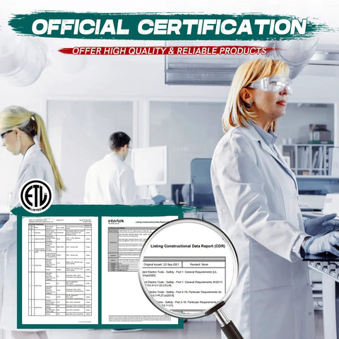 Official certification image showing ETL listed documents for product quality assurance in a lab setting.