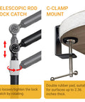 C-Clamp mount and telescopic rod lock catch for Tool Free Clamp On Dust Collection Boom Arm and Vacuum Hose Mount.