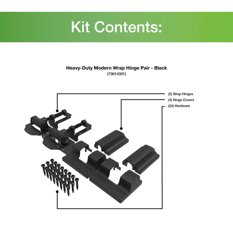 Heavy Duty Gate Hinges Kit For Wood Or Vinyl Gates, Built Tough Self Closing 180 Degree Swing, 2 Pack, Supports Gates Up To 96 Inches Wide And 150 Lbs, Includes 4 Decorative Hinge Covers And 24 Screws. Kit contents