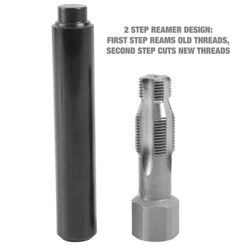 Workhorse Spark Plug Thread Repair Kit With 3 Inserts, 1 Reamer, And Swaging Tool, showing reamer with 2-step design for threads.
