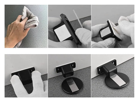 Heavy Duty Stainless Steel Door Stops With Strong Magnet And Double Sided Adhesive Tape For No Drilling Installation Saves Walls From Damage In Homes Or Hotels, installation steps shown.