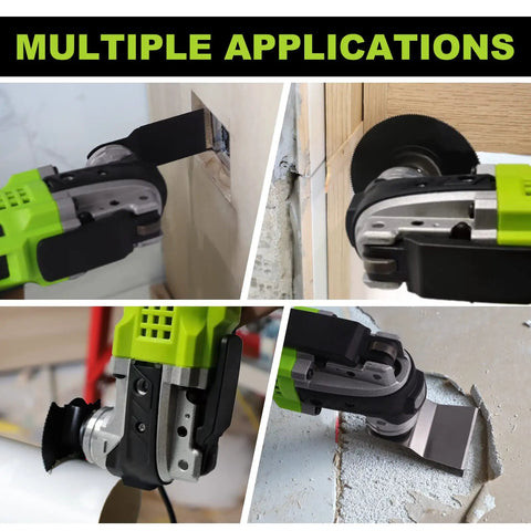 Cordless Oscillating Tool Kit With 20V Battery, Blazing 20,000 OPM, Aggressive 4.2 Degree Oscillation shown cutting and sanding.