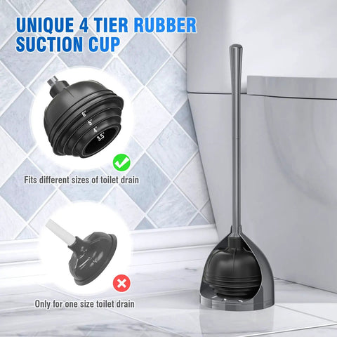 Toilet Plunger With Holder All Angle Design Built Tough For Bathroom Universal 4 Tier Rubber Suction Cup Fits Most Toilet Drains Up To 5.5 Inches Black, showing 4-tier rubber suction cup and plunger with holder near toilet.