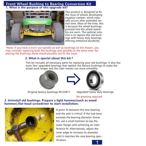 Front Wheel Bushing To Bearing Conversion Kit components and installation process for lawn tractors and mowers. Fits major models.