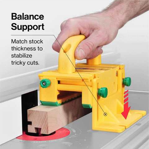 Grr-Ripper GR-100 3D Table Saw Pushblock with kickback-proof grip, shown stabilizing wood for precise cutting.