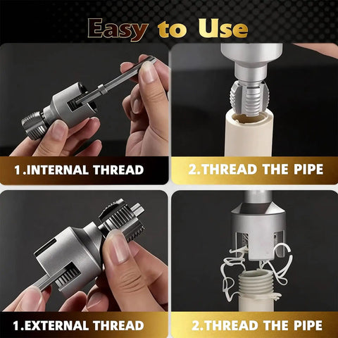 Everything You Need for PVC Pipe Threading Kit 7 Pack Rethreading Set With One Half Inch Dies and Three Quarter Inch Dies in use