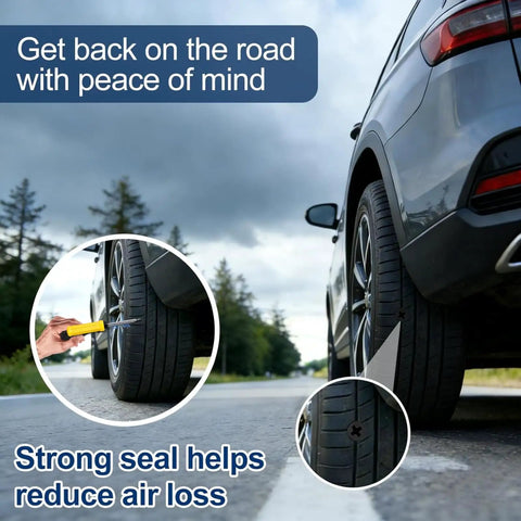 Close-up of car tire with repair demonstration, highlighting the 70 Piece Tire Repair Kit With Dual Size Rubber Nails for emergency fix.
