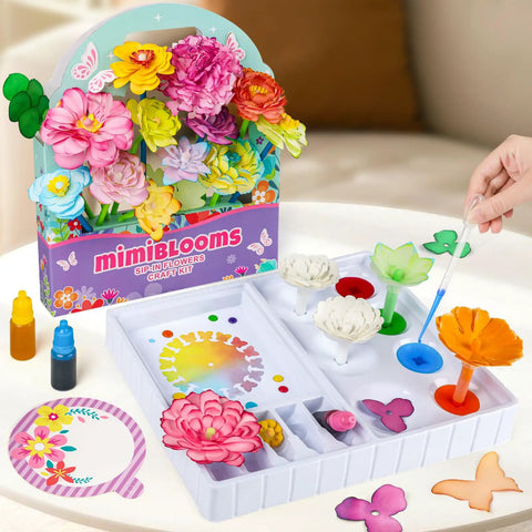 Paper Flowers Science Kit For Kids Ages 6 To 11 With Petals, Stems, Dye Tablets, Droppers, And Easy Instructions For Color Mixing And Capillary Action Learn Hands On STEM Fun displayed with flower tray and droppers