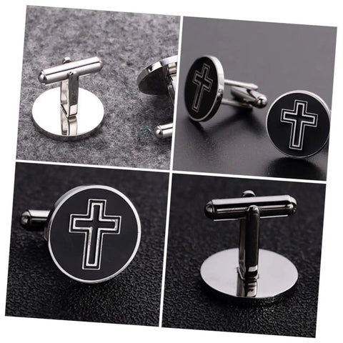 Cross Cufflinks For Men Titanium Steel Decor Fasteners Black Shirt Buttons 1 Pair, sleek black finish on a cloth surface
