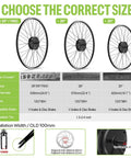 High Torque 48V 500W Front Hub Motor Ebike Conversion Kit size and compatibility chart for 28 to 20 inch wheels with installation details