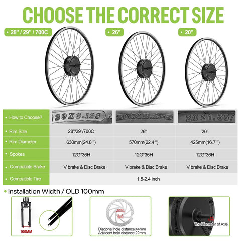 High Torque 48V 500W Front Hub Motor Ebike Conversion Kit size and compatibility chart for 28 to 20 inch wheels with installation details