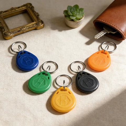 Plug And Play Writable 125KHz RFID Fob Tags With T5577 Chip For Reusable Access Control Cards shown in green, blue, orange, yellow, and black