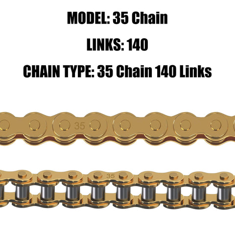 Gold 35-link mini bike chain, close-up view showing stamped 35 on links