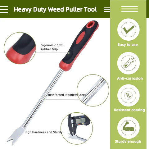 Two Prong Weed Puller Tool With Soft Grip Handle Stainless Steel Dandelion Weeder showing ergonomic grip and reinforced steel.