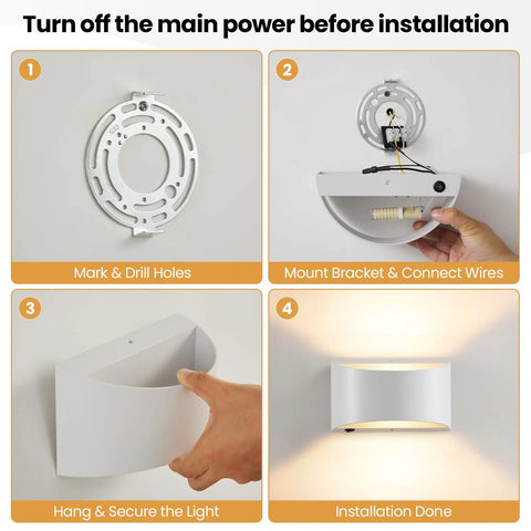 LED Wall Sconces Hardwired with On/Off Switch, Modern Wall Light, White installation steps including mounting and securing.